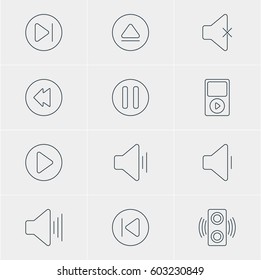 Vector Illustration Of 12 Music Icons. Editable Pack Of Volume Up, Subsequent, Start And Other Elements.
