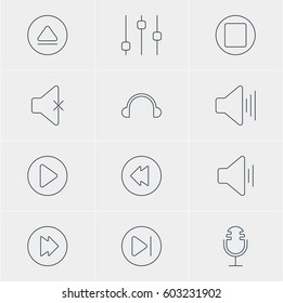 Vector Illustration Of 12 Music Icons. Editable Pack Of Pause, Reversing, Advanced And Other Elements.