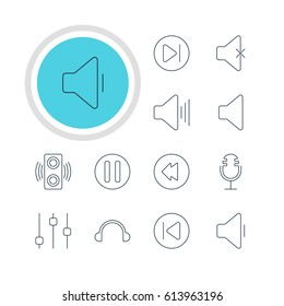 Vector Illustration Of 12 Music Icons. Editable Pack Of Soundless, Mike, Decrease Sound And Other Elements.