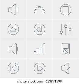 Vector Illustration Of 12 Music Icons. Editable Pack Of Soundless, Pause, Preceding And Other Elements.