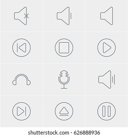 Vector Illustration Of 12 Music Icons. Editable Pack Of Rewind, Mike, Subsequent And Other Elements.