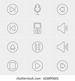 Vector Illustration Of 12 Music Icons. Editable Pack Of Preceding, Start, Lag And Other Elements.