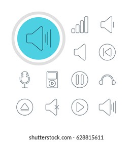 Vector Illustration Of 12 Music Icons. Editable Pack Of Mike, Speaker, Preceding And Other Elements.
