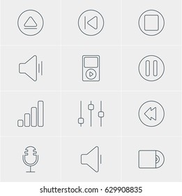 Vector Illustration Of 12 Music Icons. Editable Pack Of Preceding, Acoustic, Mike And Other Elements.