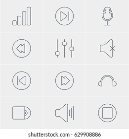 Vector Illustration Of 12 Music Icons. Editable Pack Of Reversing, Volume Up, Advanced And Other Elements.