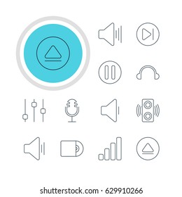 Vector Illustration Of 12 Music Icons. Editable Pack Of Mike, Earphone, Audio And Other Elements.