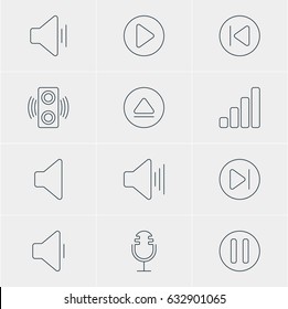 Vector Illustration Of 12 Music Icons. Editable Pack Of Decrease Sound, Start, Speaker And Other Elements.