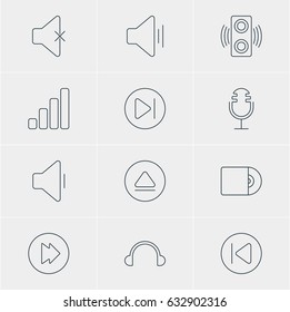 Vector Illustration Of 12 Music Icons. Editable Pack Of Audio, Advanced, Rewind And Other Elements.