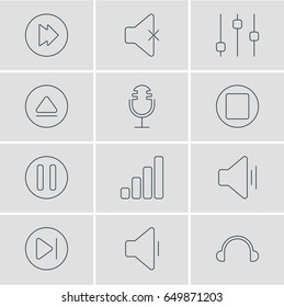 Vector Illustration Of 12 Music Icons. Editable Pack Of Decrease Sound, Rewind, Stabilizer And Other Elements.