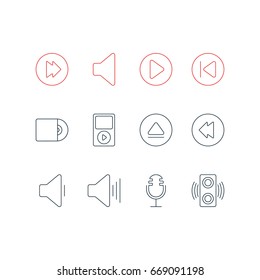 Vector Illustration Of 12 Music Icons. Editable Pack Of Start, Mike, Reversing And Other Elements.