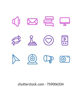 Vector Illustration Of 12 Music Outline Icons. Editable Set Of Game Controller, Lover, Mp3 And Other Elements.