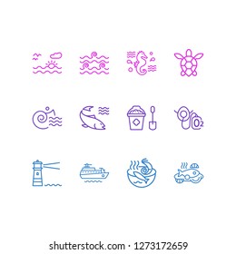 Vector illustration of 12 naval icons line style. Editable set of sea horse, lighthouse, waves and other icon elements.