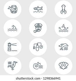 Vector illustration of 12 naval icons line style. Editable set of whale tail, oxygen balloons, squid and other icon elements.
