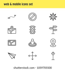 Vector illustration of 12 navigation icons line style. Editable set of paper plane, route, navigator and other icon elements.