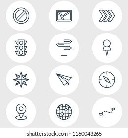 Vector illustration of 12 navigation icons line style. Editable set of signpost, pin, route and other icon elements.