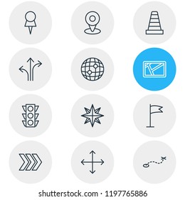 Vector illustration of 12 navigation icons line style. Editable set of cone, navigator, navigation and other icon elements.