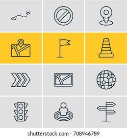 Vector Illustration Of 12 Navigation Icons. Editable Pack Of Stoplight, Guidepost, Location And Other Elements.