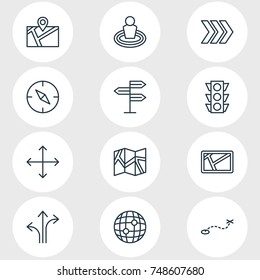 Vector Illustration Of 12 Navigation Icons. Editable Pack Of Arrow, Compass, Stoplight And Other Elements.