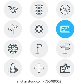 Vector Illustration Of 12 Navigation Outline Icons. Editable Set Of Pennant, Stoplight, Orientation And Other Elements.