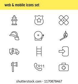 Vector illustration of 12 necessity icons line style. Editable set of first aid box, ambulance, ladder and other icon elements.