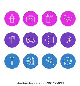 Vector illustration of 12 necessity icons line style. Editable set of ambulance, match, first aid box and other icon elements.