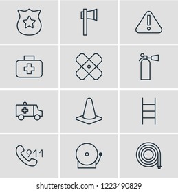 Vector illustration of 12 necessity icons line style. Editable set of ambulance, alarm, ladder and other icon elements.