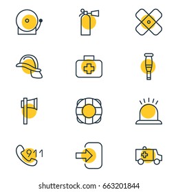 Vector Illustration Of 12 Necessity Icons. Editable Pack Of Hardhat, Medical Case, Adhesive And Other Elements.