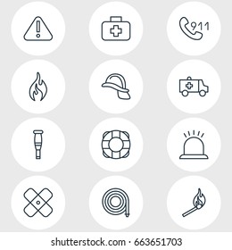 Vector Illustration Of 12 Necessity Icons. Editable Pack Of Hosepipe, Medical Case, Alarm And Other Elements.