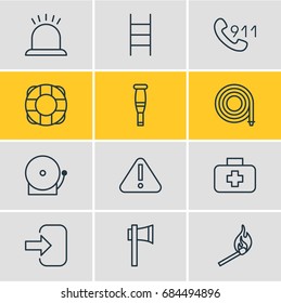 Vector Illustration Of 12 Necessity Icons. Editable Pack Of Siren, Hotline, Ax And Other Elements.