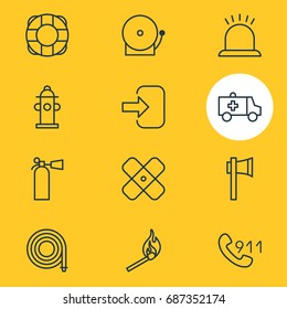 Vector Illustration Of 12 Necessity Icons. Editable Pack Of Alarm, Hosepipe, Hotline And Other Elements.