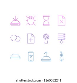 Vector illustration of 12 network icons line style. Editable set of remove file, bug, phone and other icon elements.