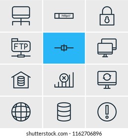 Vector illustration of 12 network icons line style. Editable set of software, root server, hosting and other icon elements.