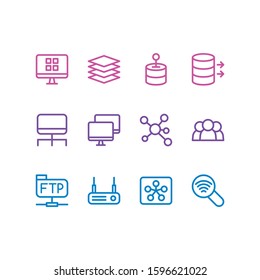 Vector illustration of 12 network icons line style. Editable set of system, hub, data and other icon elements.