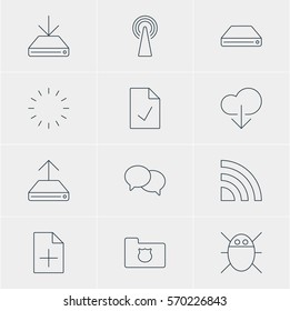 Vector Illustration Of 12 Network Icons. Editable Pack Of Document Adding, Information Load, Talking And Other Elements.
