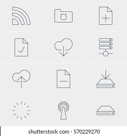 Vector Illustration Of 12 Network Icons. Editable Pack Of Information Load, Wireless Network, Cloud Download And Other Elements.