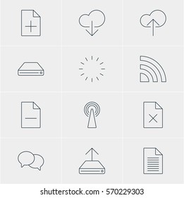 Vector Illustration Of 12 Network Icons. Editable Pack Of Removing File, Data Upload, Wireless Network And Other Elements.