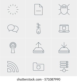 Vector Illustration Of 12 Network Icons. Editable Pack Of Privacy Doc, Removing File, Router And Other Elements.