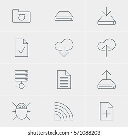 Vector Illustration Of 12 Network Icons. Editable Pack Of Data Upload, Hard Drive Disk, Wireless Network And Other Elements.
