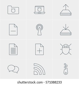 Vector Illustration Of 12 Network Icons. Editable Pack Of Document Adding, Note, Wireless Network And Other Elements.