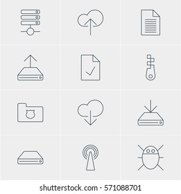 Vector Illustration Of 12 Network Icons. Editable Pack Of Privacy Doc, Computer Virus, Cloud Download And Other Elements.