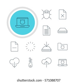 Vector Illustration Of 12 Network Icons. Editable Pack Of Privacy Doc, Secure Laptop, Hard Drive Disk And Other Elements.