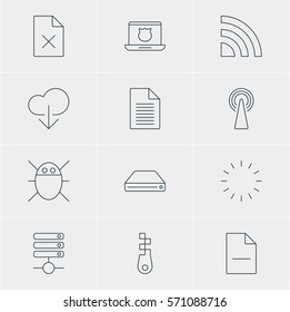 Vector Illustration Of 12 Network Icons. Editable Pack Of Data Upload, Router, Fastener And Other Elements.