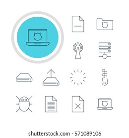 Vector Illustration Of 12 Network Icons. Editable Pack Of Hdd Sync, Secure Laptop, Removing File And Other Elements.