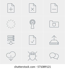 Vector Illustration Of 12 Network Icons. Editable Pack Of Checked Note, Removing File, Delete Data And Other Elements.