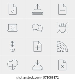 Vector Illustration Of 12 Network Icons. Editable Pack Of Computer Virus, Secure Laptop, Document Adding And Other Elements.