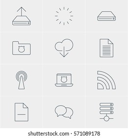 Vector Illustration Of 12 Network Icons. Editable Pack Of Data Upload, Wireless Network, Hdd Sync And Other Elements.