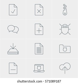 Vector Illustration Of 12 Network Icons. Editable Pack Of Secure Laptop, Removing File, Checked Note And Other Elements.