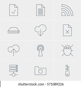 Vector Illustration Of 12 Network Icons. Editable Pack Of Hard Drive Disk, Note, Wireless Network And Other Elements.