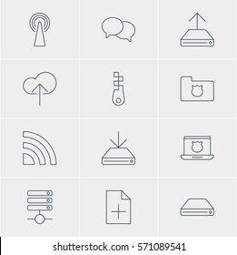 Vector Illustration Of 12 Network Icons. Editable Pack Of Privacy Doc, Document Adding, Information Load And Other Elements.