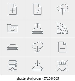 Vector Illustration Of 12 Network Icons. Editable Pack Of Privacy Doc, Information Load, Checked Note And Other Elements.